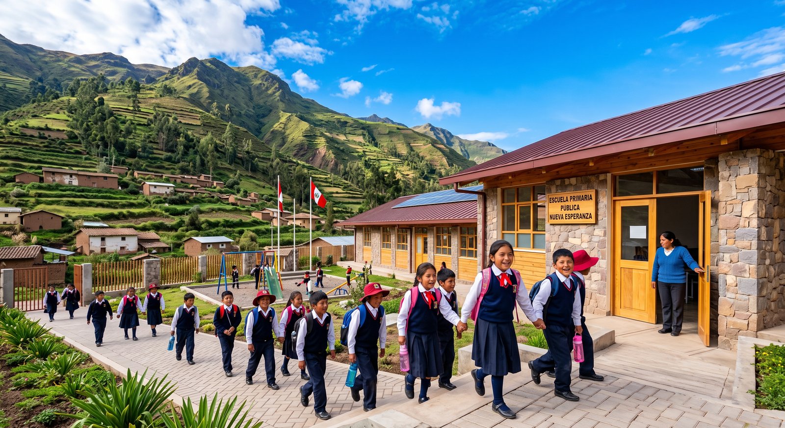 Colegio moderno y obras públicas financiadas con canon minero en zona andina