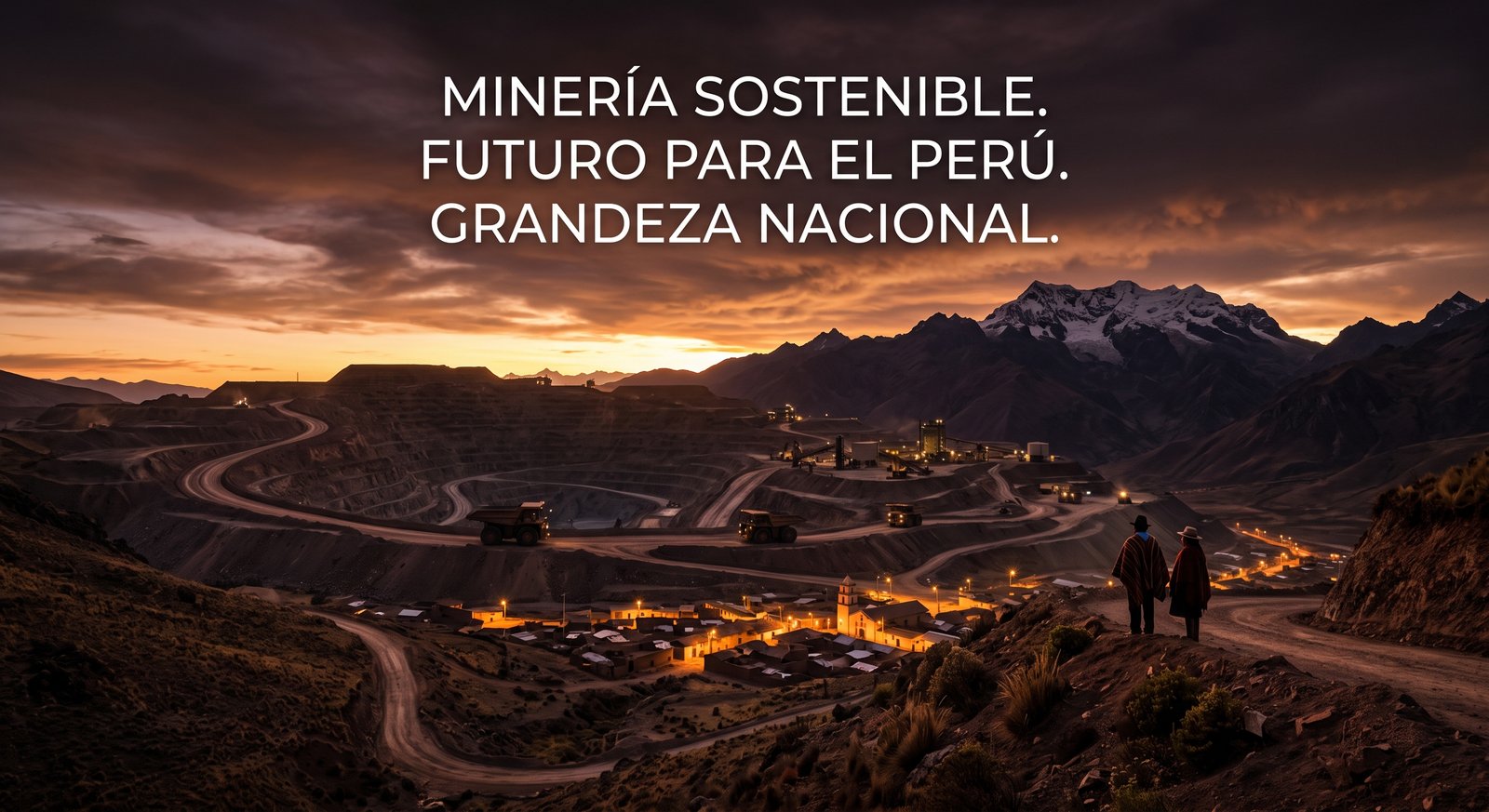 Atardecer sobre operación minera y comunidad andina, símbolo de futuro