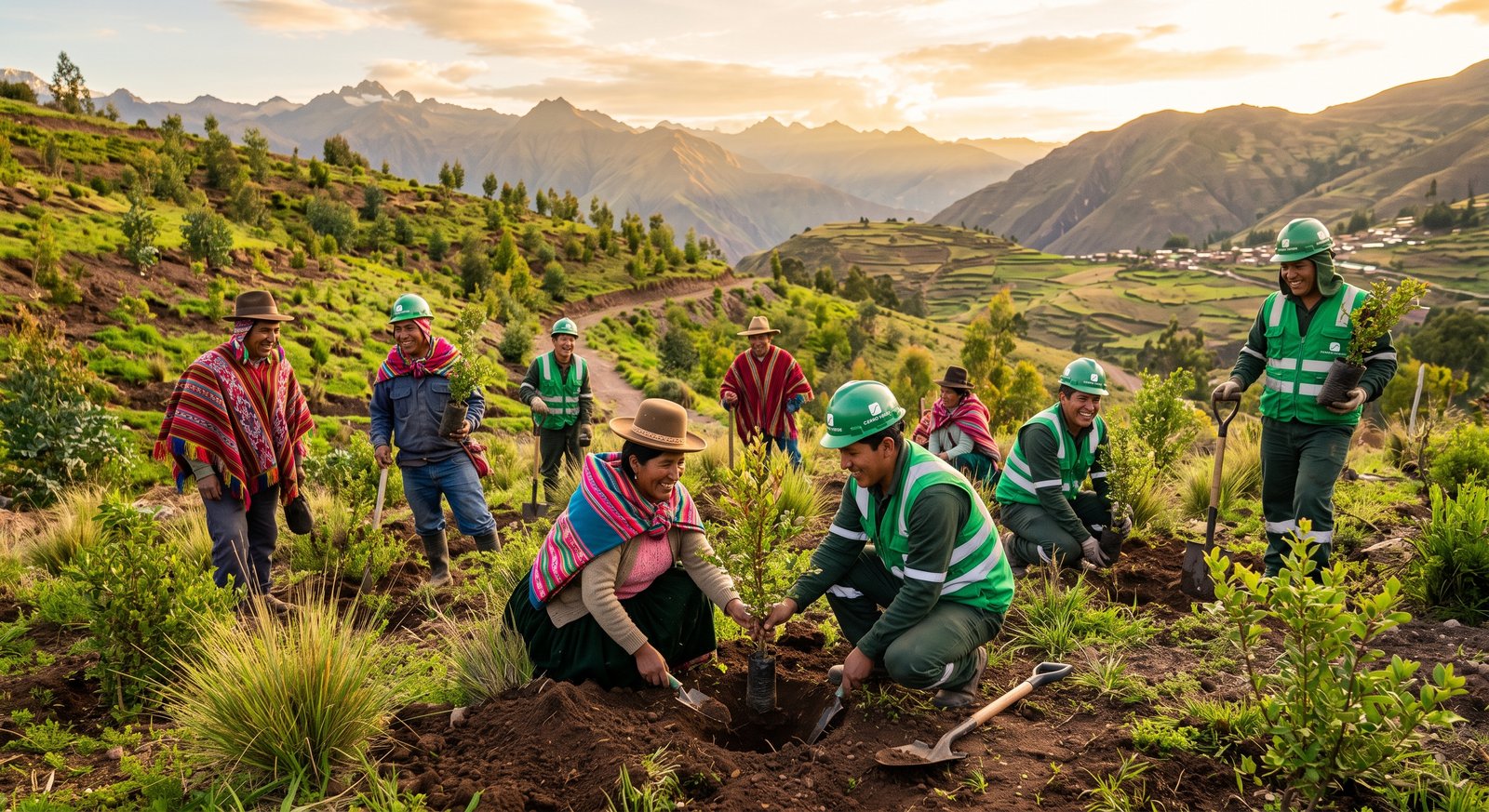 Trabajadores y comuneros reforestando y monitoreando áreas rehabilitadas