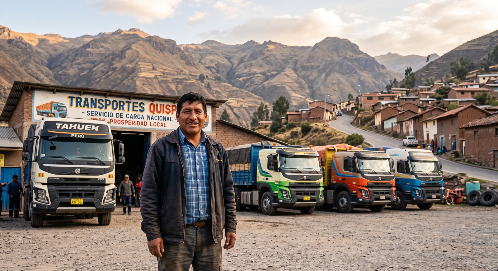 Emprendedor local proveedor de la mina frente a su negocio en pueblo andino